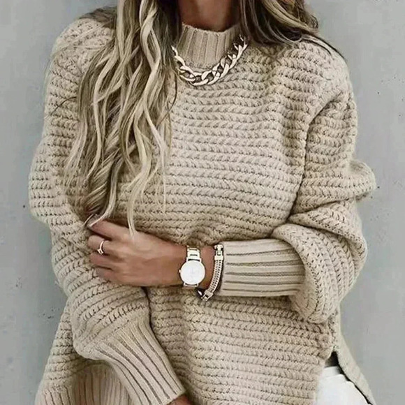 Khaki Casual Women's Crew Neck Long Sleeve Pullover Knit Sweater